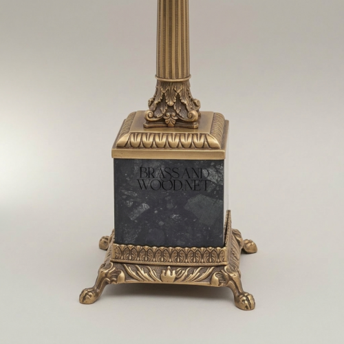 Classical Empire Brass Marble Table Lamp Fluted Column Crystal Accent Pleated Shade Brass and Wood Antique Gold Front | Brass & Wood