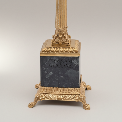 Classical Empire Brass Marble Table Lamp Fluted Column Crystal Accent Pleated Shade Brass and Wood Gold Front | Brass & Wood