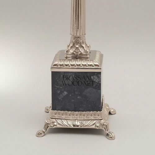 Classical Empire Brass Marble Table Lamp Fluted Column Crystal Accent Pleated Shade Brass and Wood Silver Front | Brass & Wood