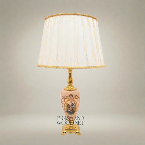 Classical Floral Hand-Painted Ceramic Table Lamp Ornate Brass Base Pleated Fabric Shade Brass and Wood Gold Front | Brass & Wood