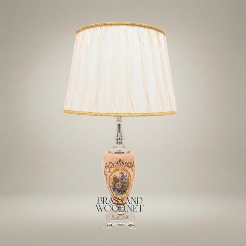 Classical Floral Hand-Painted Ceramic Table Lamp Ornate Brass Base Pleated Fabric Shade Brass and Wood Silver Front | Brass & Wood