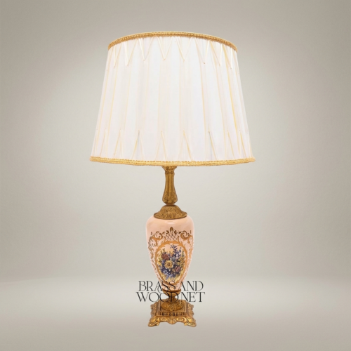 Classical Floral Hand-Painted Ceramic Table Lamp Ornate Brass Base Pleated Fabric Shade Brass and Wood Antique Gold Front | Brass & Wood