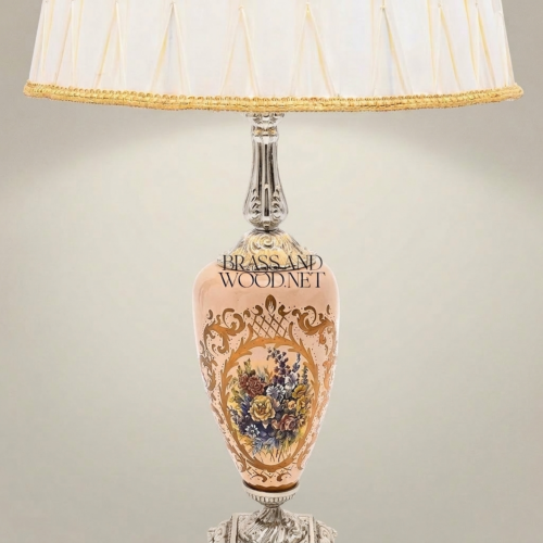 Classical Floral Hand-Painted Ceramic Table Lamp Ornate Brass Base Pleated Fabric Shade Brass and Wood Silver Front | Brass & Wood