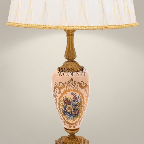 Classical Floral Hand-Painted Ceramic Table Lamp Ornate Brass Base Pleated Fabric Shade Brass and Wood Antique Gold Front | Brass & Wood
