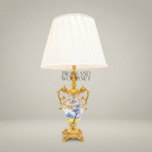 Classical Hand-Painted Porcelain Urn Table Lamp Ornate Brass Scrolled Handles Ivory Pleated Shade Brass and Wood Gold Front | Brass & Wood