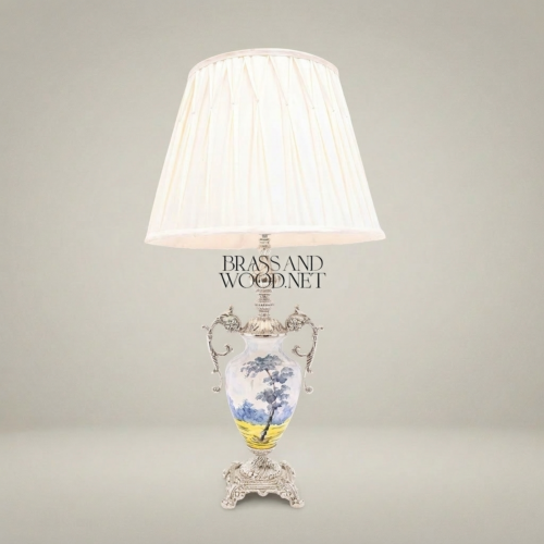 Classical Hand-Painted Porcelain Urn Table Lamp Ornate Brass Scrolled Handles Ivory Pleated Shade Brass and Wood Silver Front | Brass & Wood