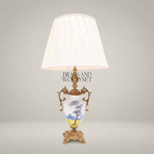 Classical Hand-Painted Porcelain Urn Table Lamp Ornate Brass Scrolled Handles Ivory Pleated Shade Brass and Wood Antique Gold Front | Brass & Wood