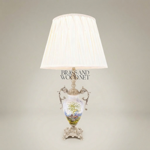 Classical Hand-Painted Porcelain Urn Table Lamp Ornate Brass Scrolled Handles Ivory Pleated Shade Brass and Wood Silver Front | Brass & Wood