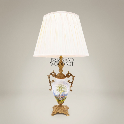 Classical Hand-Painted Porcelain Urn Table Lamp Ornate Brass Scrolled Handles Ivory Pleated Shade Brass and Wood Antique Gold Front | Brass & Wood
