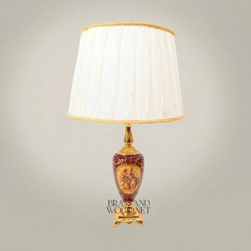 Classical Painted Wine Ceramic Table Lamp Floral Medallion Urn Base Ivory Fabric Shade Brass Accents Gold Front | Brass & Wood