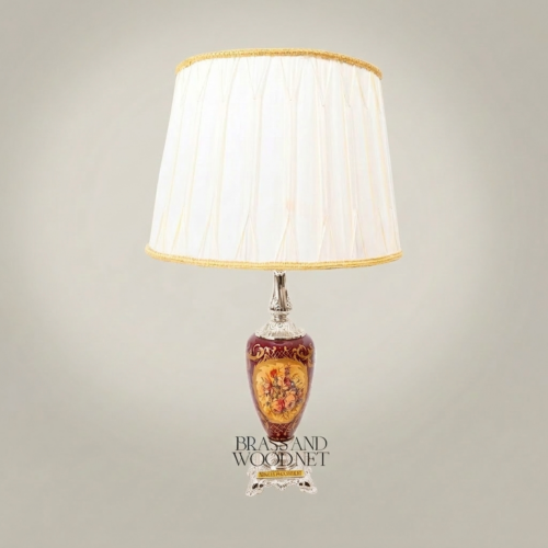 Classical Painted Wine Ceramic Table Lamp Floral Medallion Urn Base Ivory Fabric Shade Brass Accents Silver Front | Brass & Wood
