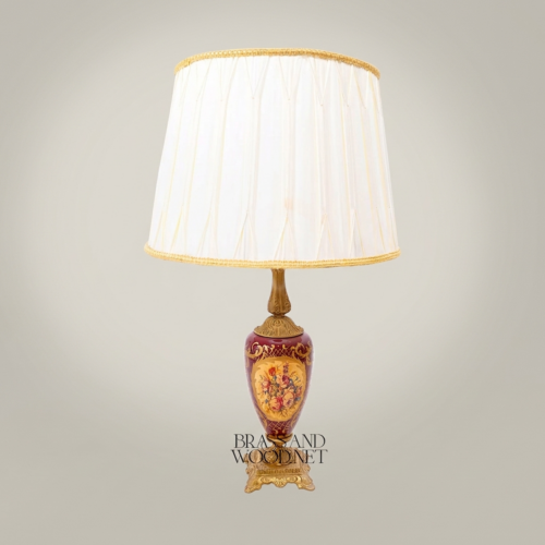 Classical Painted Wine Ceramic Table Lamp Floral Medallion Urn Base Ivory Fabric Shade Brass Accents Antique Gold Front | Brass & Wood