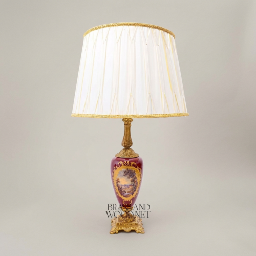 Classical Painted Wine Ceramic Table Lamp Floral Medallion Urn Base Ivory Fabric Shade Brass Accents Antique Gold Front | Brass & Wood