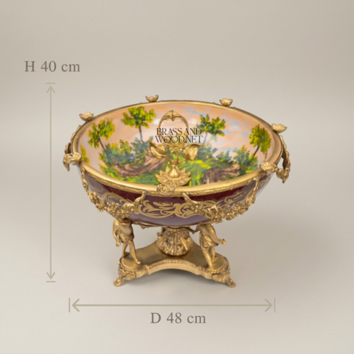 Classical Handcrafted Porcelain and Brass Candy Bowl with Hand-Painted Interior and Cherub Figurine Pedestal Gold Front | Brass & Wood