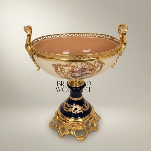 Classical Porcelain & Brass Pedestal Compote - Floral Medallion with Openwork Rim