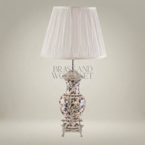 Classical Blue Floral Porcelain Vase Table Lamp with Brass Botanical Appliqués and Claw-Foot Base Silver Front | Brass & Wood