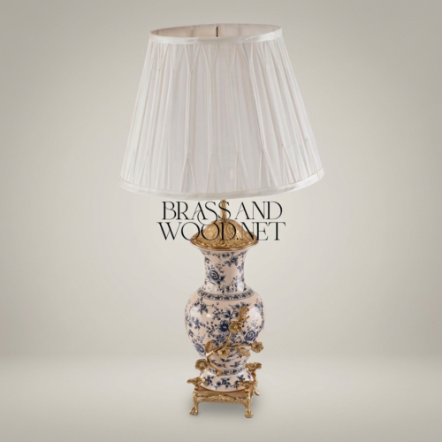 Classical Blue Floral Porcelain Vase Table Lamp with Brass Botanical Appliqués and Claw-Foot Base Antique Gold Front | Brass & Wood