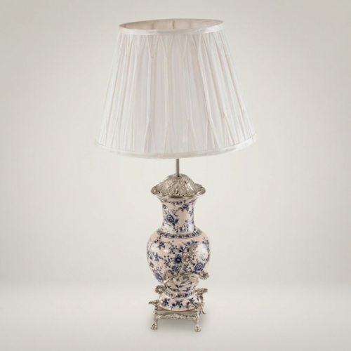 Classical Blue Floral Porcelain Vase Table Lamp with Brass Botanical Appliqués and Claw-Foot Base Silver Front | Brass & Wood