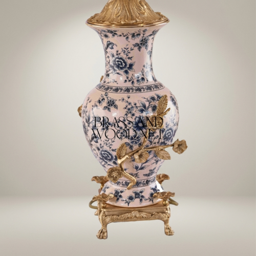 Classical Blue Floral Porcelain Vase Table Lamp with Brass Botanical Appliqués and Claw-Foot Base Antique Gold Front | Brass & Wood