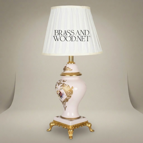 Classical Hand-Painted Porcelain Table Lamp Floral Bouquet Ornate Brass Claw-Foot Base White Pleated Shade Brass and Wood Gold Front | Brass & Wood