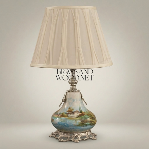 Classical Hand-Painted Porcelain Table Lamp Ornate Brass Base Rococo Ivory Shade Brass and Wood Silver Front | Brass & Wood