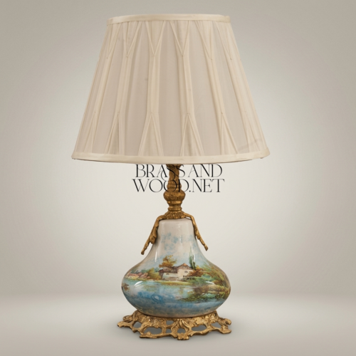 Classical Hand-Painted Porcelain Table Lamp Ornate Brass Base Rococo Ivory Shade Brass and Wood Antique Gold Front | Brass & Wood