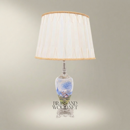 Classical Hand-Painted Porcelain Table Lamp Romantic Scene Ornate Brass Base Ivory Shade Brass and Wood Silver Front | Brass & Wood