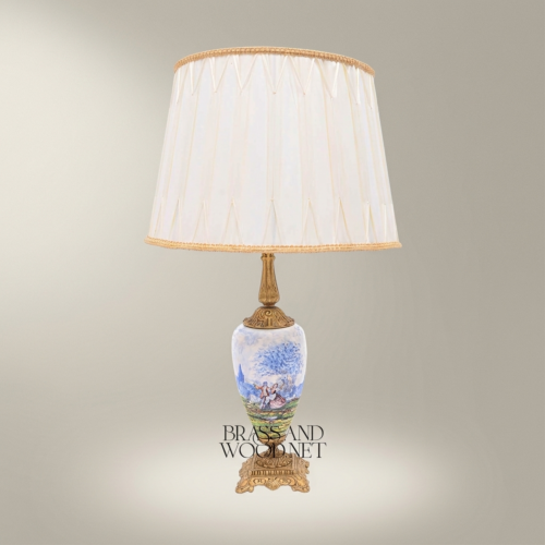 Classical Hand-Painted Porcelain Table Lamp Romantic Scene Ornate Brass Base Ivory Shade Brass and Wood Antique Gold Front | Brass & Wood