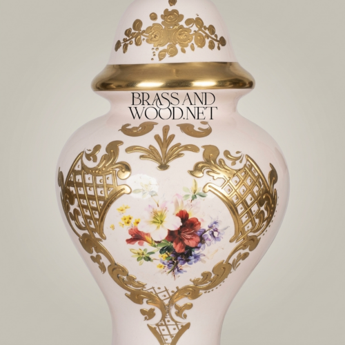 Classical Hand-Painted Porcelain Table Lamp Floral Bouquet Ornate Brass Claw-Foot Base White Pleated Shade Brass and Wood Gold Front | Brass & Wood