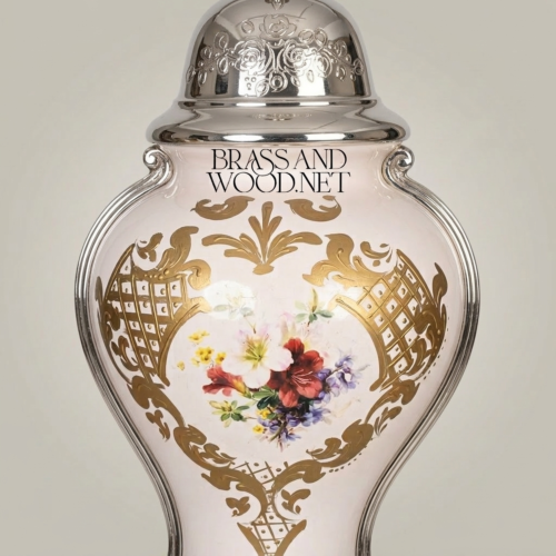 Classical Hand-Painted Porcelain Table Lamp Floral Bouquet Ornate Brass Claw-Foot Base White Pleated Shade Brass and Wood Silver Front | Brass & Wood