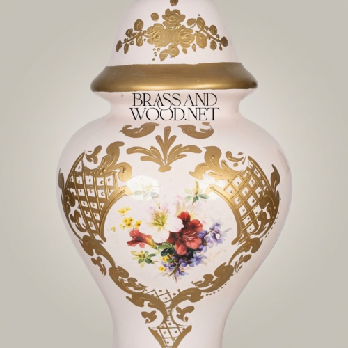 Classical Hand-Painted Porcelain Table Lamp Floral Bouquet Ornate Brass Claw-Foot Base White Pleated Shade Brass and Wood Antique Gold Front | Brass & Wood
