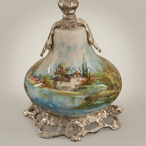 Classical Hand-Painted Porcelain Table Lamp Ornate Brass Base Rococo Ivory Shade Brass and Wood Silver Front | Brass & Wood