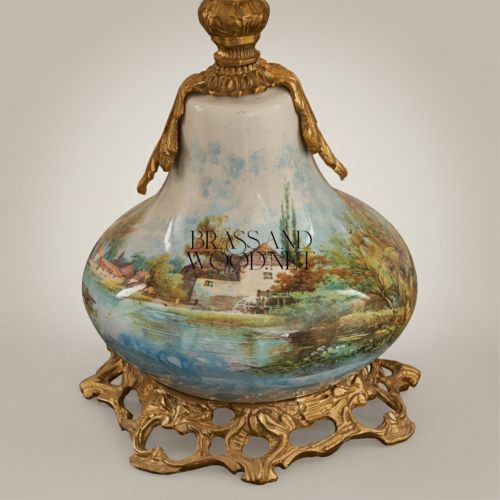 Classical Hand-Painted Porcelain Table Lamp Ornate Brass Base Rococo Ivory Shade Brass and Wood Antique Gold Front | Brass & Wood