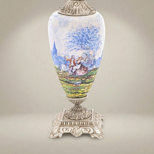 Classical Hand-Painted Porcelain Table Lamp Romantic Scene Ornate Brass Base Ivory Shade Brass and Wood Silver Front | Brass & Wood