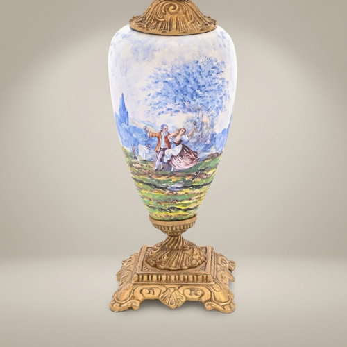 Classical Hand-Painted Porcelain Table Lamp Romantic Scene Ornate Brass Base Ivory Shade Brass and Wood Antique Gold Front | Brass & Wood