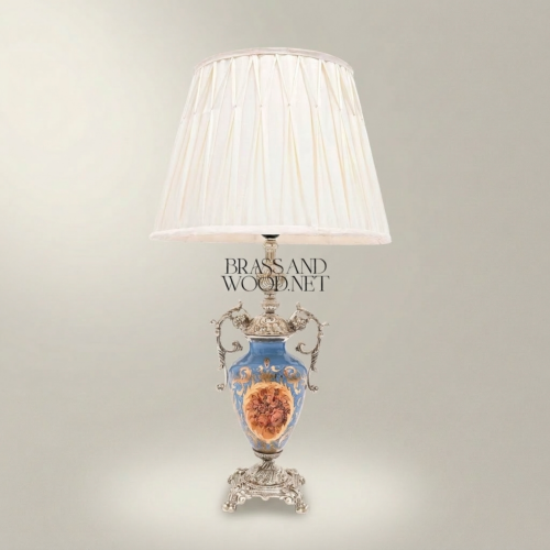Classical Blue Porcelain Urn Table Lamp Hand-Painted Medallion Ornate Brass Scrollwork Off-White Pleated Shade Silver Front | Brass & Wood