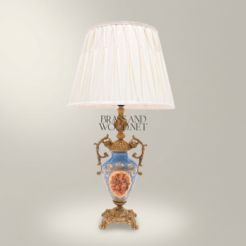 Classical Blue Porcelain Urn Table Lamp Hand-Painted Medallion Ornate Brass Scrollwork Off-White Pleated Shade Antique Gold Front | Brass & Wood