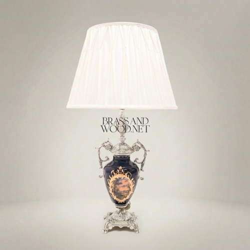 Classical Hand-Painted Porcelain Urn Table Lamp Ornate Brass Fittings Cobalt Blue Landscape Brass and Wood Silver Front | Brass & Wood