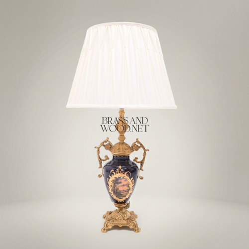Classical Hand-Painted Porcelain Urn Table Lamp Ornate Brass Fittings Cobalt Blue Landscape Brass and Wood Antique Gold Front | Brass & Wood