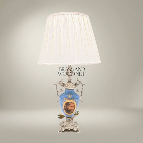 Classical Blue Porcelain Urn Table Lamp Hand-Painted Medallion Ornate Brass Scrollwork Off-White Pleated Shade Silver Front | Brass & Wood
