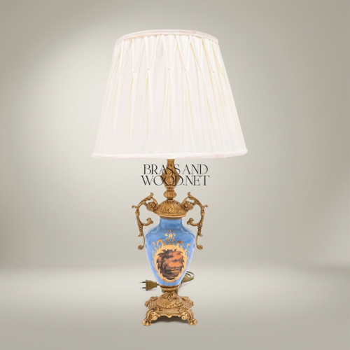 Classical Blue Porcelain Urn Table Lamp Hand-Painted Medallion Ornate Brass Scrollwork Off-White Pleated Shade Antique Gold Front | Brass & Wood