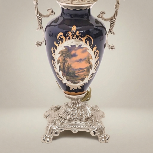 Classical Hand-Painted Porcelain Urn Table Lamp Ornate Brass Fittings Cobalt Blue Landscape Brass and Wood Silver Front | Brass & Wood