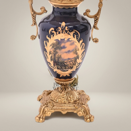 Classical Hand-Painted Porcelain Urn Table Lamp Ornate Brass Fittings Cobalt Blue Landscape Brass and Wood Antique Gold Front | Brass & Wood