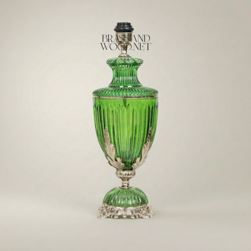 Classical Ribbed Green Glass Urn Table Lamp Ornate Brass Acanthus Base White Fabric Shade Brass and Wood Silver Front | Brass & Wood