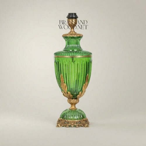 Classical Ribbed Green Glass Urn Table Lamp Ornate Brass Acanthus Base White Fabric Shade Brass and Wood Antique Gold Front | Brass & Wood