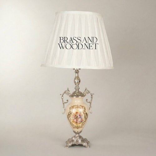 Classical Rococo Brass and Ceramic Table Lamp Floral Hand-Painted Urn Base White Pleated Shade Silver Front | Brass & Wood
