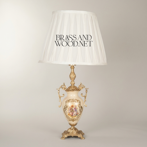 Classical Rococo Brass and Ceramic Table Lamp Floral Hand-Painted Urn Base White Pleated Shade Antique Gold Front | Brass & Wood