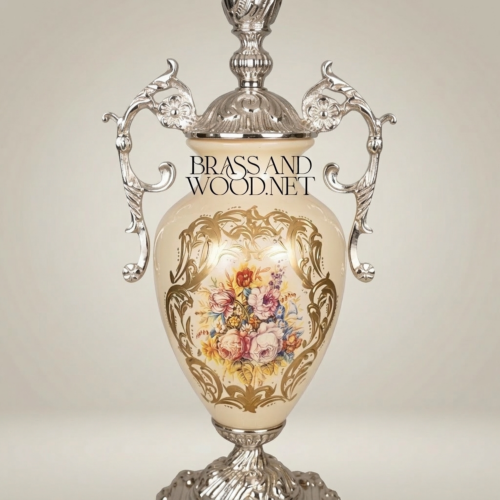 Classical Rococo Brass and Ceramic Table Lamp Floral Hand-Painted Urn Base White Pleated Shade Silver Front | Brass & Wood