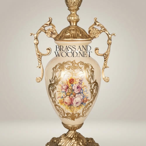 Classical Rococo Brass and Ceramic Table Lamp Floral Hand-Painted Urn Base White Pleated Shade Antique Gold Front | Brass & Wood