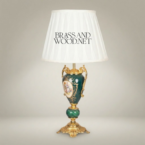 Classical Rococo Green Ceramic Urn Table Lamp Hand-Painted Floral Medallion Brass Base White Pleated Shade Brass and Wood Gold Front | Brass & Wood
